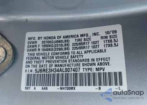 2010 Honda Cr-V Lx from USA, damaged, VIN 5J6RE3H34AL007407